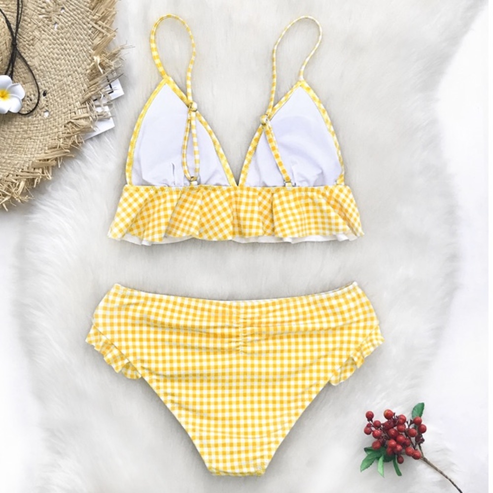 Yellow Gingham Ruffle Two Piece Bikini Swimsuit - Picture 3 of 7
